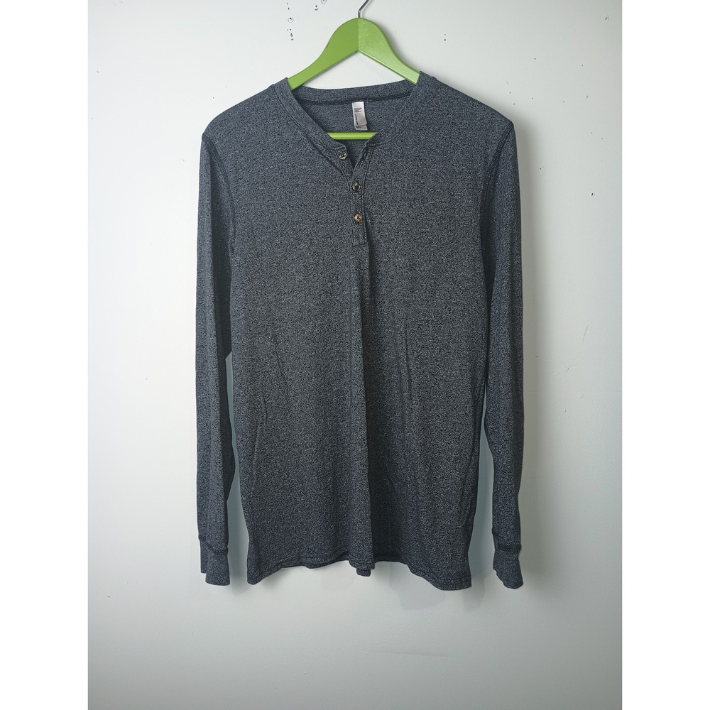 American Apparel Mens Long Sleeve Henley Charcoal Heather Gray Kill Shirt L